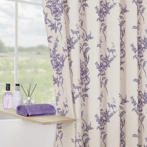 Purple Linen Farmhouse Shower Curtain, Boho Floral Bathroom 36x72 | French cottage rustic bath styling, poly-linen blend, soft breathable weave, reinforced grommets, washable non-fading print - color: Purple, size: 36"W x 72"L (Pack of 1)