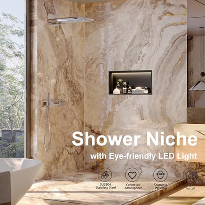 Qeke 24" X 12" Stainless Steel Shower Niche w/ 3 CCT Dimmable Light, Black | No Tile Needed Wall Niche, Recessed Niche w/ Light(3000K/4000K/6000K), IP66 Waterproof, Space Saving & Durable - color: Matte Black, size: 24" X 12"