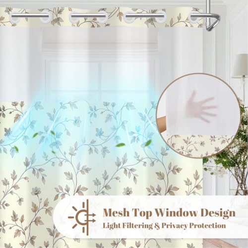 Beige Botanical Shower Curtain with Snap in Liner, 71x74 Inch | No Hooks Needed, Mesh Top & Double Layer Waterproof Bath Curtain, Neutral Plant Vine & Leaf Design for Farmhouse Bathroom - color: Foliage