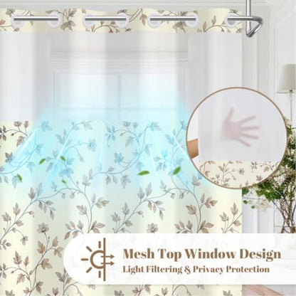 Beige Botanical Shower Curtain with Snap in Liner, 71x74 Inch | No Hooks Needed, Mesh Top & Double Layer Waterproof Bath Curtain, Neutral Plant Vine & Leaf Design for Farmhouse Bathroom - color: Foliage