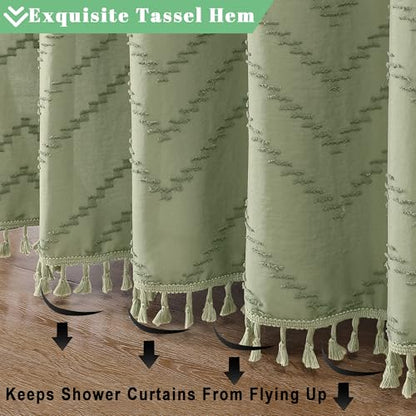 Small Boho Stall Shower Curtain, Light Green Fabric Cloth Stall Shower Curtain 36 x 72 Half Size with Tassel Tufted Chevron Striped Textured Modern Farmhouse for Bathroom, Machine Washable - color: Light Green, size: 36"W x 72"L (Pack of 1)