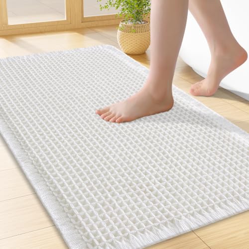 Smiry Waffle Bath Mat 24x16, Extra Soft Absorbent Bathroom Rugs, Non Slip Machine Washable Quick Dry Bath Rugs for Bathroom Floor, Tub, Shower, Home Decor Accessories, White - color: White, size: 24'' X 16''