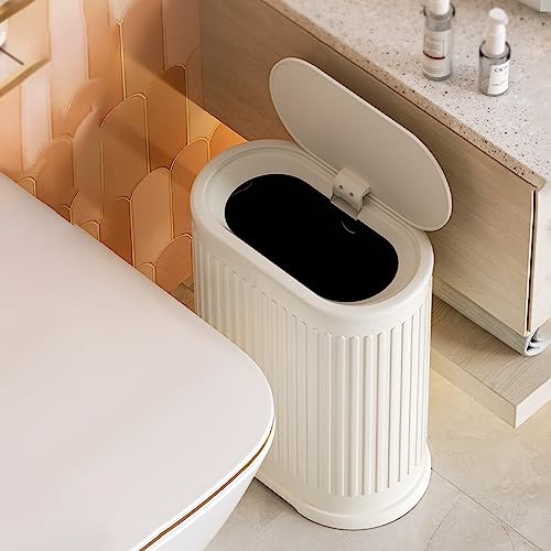 1.6 Gallon Trash Can with Lid, Small Bathroom Trash Can Wastebasket, Slim Garbage Can with Inner Bucket, Press Top Lid Garbage Container Bin for Kitchen, Home, Office, Bedroom, Living Room - color: Cream White