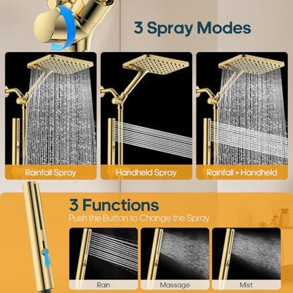 High Pressure Rain Shower Head with Handheld Combo, 10 Inch Square Rainfall Showerhead, Adjustable Slide Bar Dual Shower System, 3 Spray Modes, 59" Stainless Steel Hose, Gold - color: Gold, style: Basic