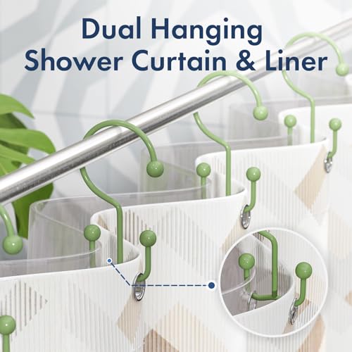 Bathway Shower Curtain Hooks Green Shower Curtain Rings, 12 Pcs Double Hook Shower Curtain Hooks Rings Shower Curtain Hangers Rust Proof, Metal Shower Hooks for Bathroom Shower Curtain Rod - color: Green, style: Minimalist