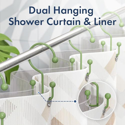 Bathway Shower Curtain Hooks Green Shower Curtain Rings, 12 Pcs Double Hook Shower Curtain Hooks Rings Shower Curtain Hangers Rust Proof, Metal Shower Hooks for Bathroom Shower Curtain Rod - color: Green, style: Minimalist