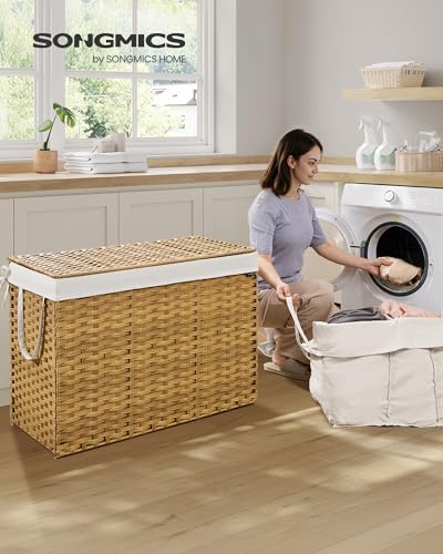 SONGMICS Laundry Hamper with Lid, 52.8 Gallon (200 L) Synthetic Rattan Clothes Laundry Basket with Lid and Handles, Foldable, Removable Liner, Goose Yellow ULCB320Y01 - color: Goose Yellow, size: 200 L