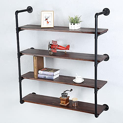 Industrial Pipe Shelves With Wood Planks,Rustic Pipe Shelving Wall Shelf | Metal Pipe Solid Pine Wood,Easy to Assemble,Wooden Board Thickness 0.78 In,For Bar Farmhouse Kitchen Office Bathroom,Bedroom - color: 4-layer, size: 42in