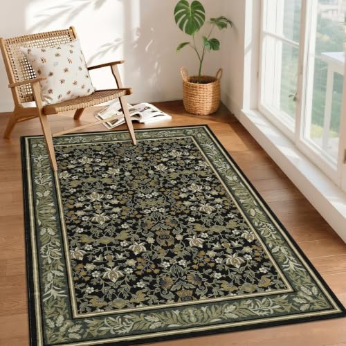 GarveeHome 4x6 Washable Area Rugs for Living Room, Boho Vintage Rug Non Slip Low Pile Stain Resistance Indoor Soft Large Throw Carpet for Bedroom Kitchen Hallway Entryway, Green Black - color: Green Black, size: 4' x 6' (Rectangular)