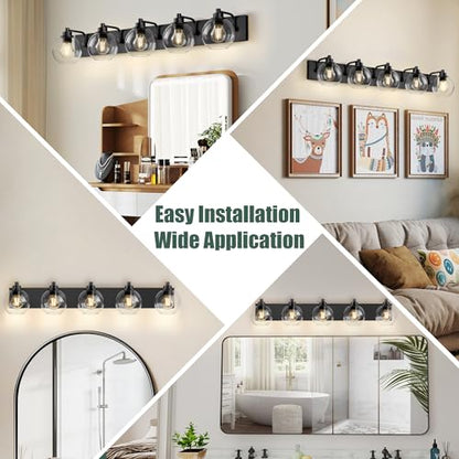 5 Light Bathroom Light Fixtures-Matte Black Bathroom Vanity Lights, Modern Vanity Lights 5-Light Bathroom Lighting Fixtures Over Mirror with Clear Glass Globe Shade - color: ‎Matte Black, size: 5-Light
