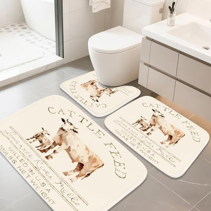 Bathroom Mat Set Farmhouse Abstract Cow Rustic Bathroom Rugs Sets 3 Piece Aesthetic Animal Cattle Feed, Memory Foam Bath Rugs, U-Shaped Toilet Rug Non Slip Absorbent Beige - color: Color10