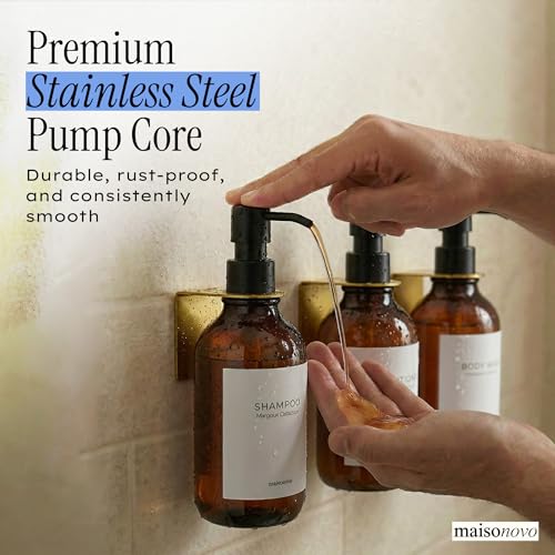 Shampoo and Conditioner Dispenser Wall Mounted Set of 3 Amber Gold - No Drill Shower Soap Dispenser for Bathroom Refillable - Spa Hotel Style Accessories by MaisoNovo - color: Amber Gold Set of 3
