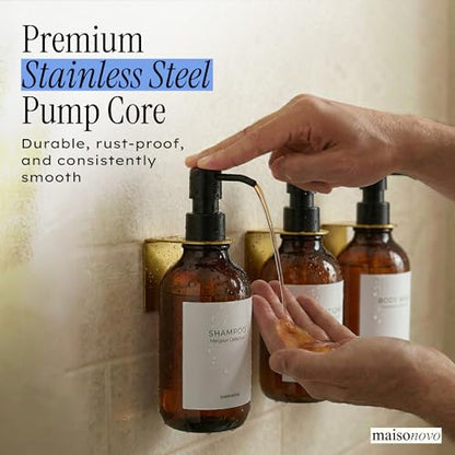 Shampoo and Conditioner Dispenser Wall Mounted Set of 3 Amber Gold - No Drill Shower Soap Dispenser for Bathroom Refillable - Spa Hotel Style Accessories by MaisoNovo - color: Amber Gold Set of 3