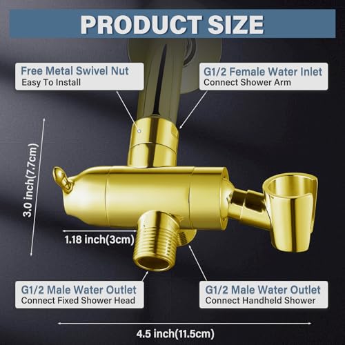 Shower Diverter Valve with Handshower Mount, G1/2 Brass Shower Arm Diverter 3 Way Bathroom Universal Shower System Replacement for Handheld Shower and Fixed Shower Head, Polisded Gold - color: Polished Gold