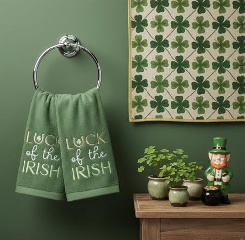 Serafina Home St. Patrick's Day Kitchen Hand Fingertip Towels, 100% Cotton Embroidered Shamrock Design, Green Towels with Luck of The Irish Design, Set of 2, 12" x 18" - color: Irish Luck