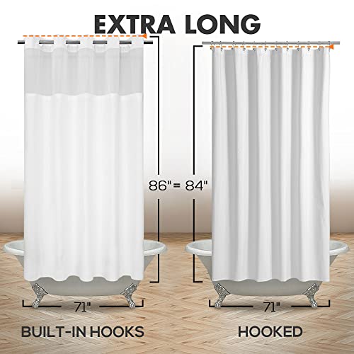 River Dream Extra Long No Hook Shower Curtain with Snap-in Liner, White | 71W x 86H, Snap on/off Waterproof PEVA Liner, See Through Top Window, Slub Textured, XL Hotel Style Shower Curtain Set - color: White, size: 71"W x 86"L (Pack of 1)