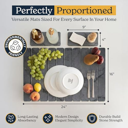 Oleex 3-Pack Stone Dish Drying Mat Set Includes 1 Large 24”x16” & 2 Small 4”x9” for Kitchen Counter-Collapsible Diatomaceous Earth Pad Absorbs Water & Dries Dishes Fast, Non-slip, Odor-Resistant Mats - color: Dark Grey Marble