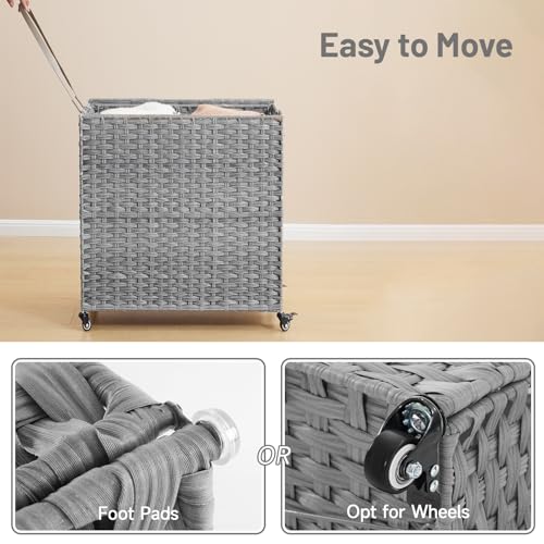 Laundry Hamper with Wheels, 39.6 Gallon(150L) Rolling Laundry Basket with Lid, Removable Large 2 Color Liners & 3 Mesh Laundry Bags, Clothes Hamper with Side Pocket, Grey - color: Grey, size: 23.62"L x 15.75"W x 25.6"H