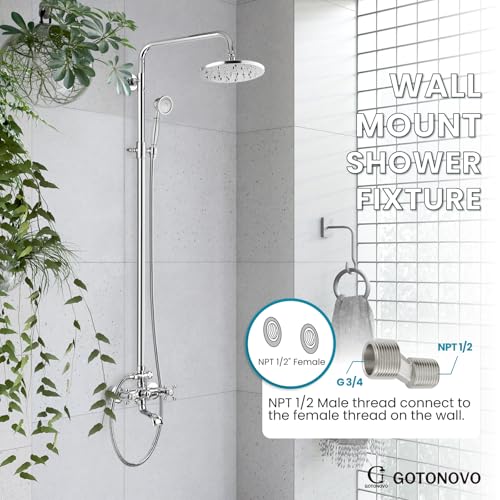 gotonovo Exposed Shower Tub Faucet Set 3 Function Wall Mount,Polish Chrome | Shower System Fixtures with Tub Spout,8” Rain Head and Handheld,360°Rotation,Adjustable Height,for 5-6.7" Hole,Outdoor/Indoor - color: Chrome