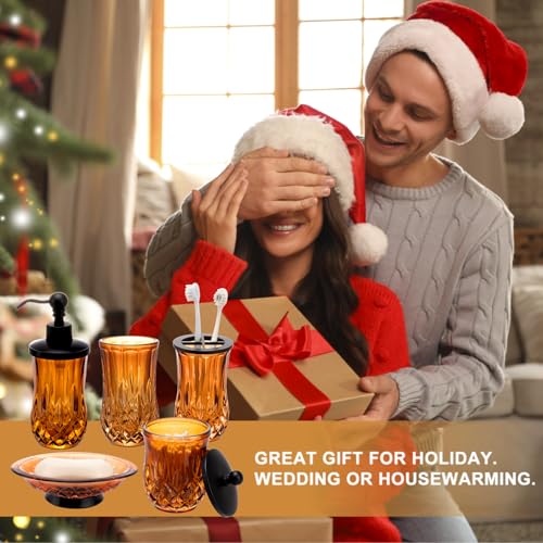 Amber Bathroom Accessories, Round Thick Glass & Zinc Alloy Pump | Beautiful & weight, 5 pcs soap dispenser, toothbrush holder, soap dish, tumbler & jar, for mission/amish style - style: Round(Amber)