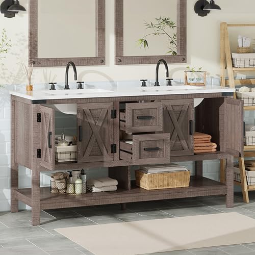 AMERLIFE 60" Gray Farmhouse Double Sink Bathroom Vanity, Solid White Top | Light Gray, Solid White Integrated Top, Moisture-Resistant MDF, 4 X-Panel Doors, 2 Drawers, Open Shelf, Paper Towel Holder - color: Light Gray, size: 60”