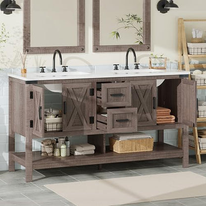 AMERLIFE 60" Gray Farmhouse Double Sink Bathroom Vanity, Solid White Top | Light Gray, Solid White Integrated Top, Moisture-Resistant MDF, 4 X-Panel Doors, 2 Drawers, Open Shelf, Paper Towel Holder - color: Light Gray, size: 60”