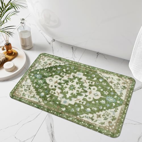 Uphome Boho Vintage Bathroom Rug Sage Green Non-Slip Soft Bathroom Mat Oriental Tribal Machine Washable Bath Rugs Traditional Floral Aesthetic Floor Mats for Shower Sink Tub, 20x31 inch - color: Sage Green, size: 20x31 inch