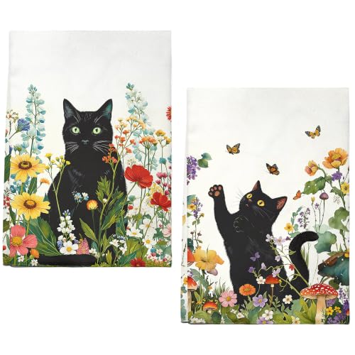 Accnicc 2 Pack Black Cat Bathroom Hand Towels Decorative Spring Floral Dish Kitchen Towel 16x27 Inch Butterfly Mushroom Botanical Wildflowers Absorbent Soft Microfiber Bath Towels Hotel Spa Decor - color: Black Yellow