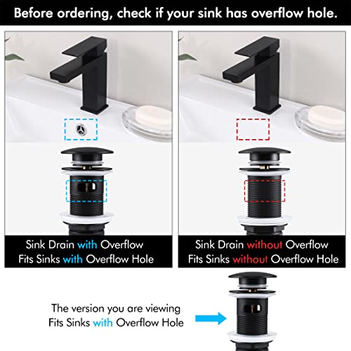 KES Bathroom Sink Drain with Overflow, Pop Up Drain Sink Stopper Matte Black, All Metal Brass and SUS304 Stainless Steel, S2008S62A-BK - color: Matte Black, style: With Overflow (Normal Cap)