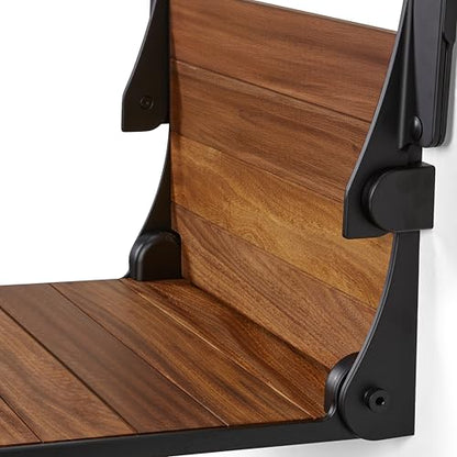 Silhouette Comfort Plus Folding Shower Seat with Armrests & Legs – Heavy-Duty Wall-Mounted Shower Bench, Teak Wood Seat with Black Frame - color: Black Frame, size: 18.73" x 15.25", style: Teak Wood