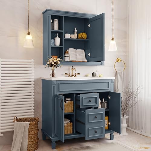 Merax 36" Bathroom Vanity with Sink, 2 Doors & 2 Drawers Storage Cabinet | Freestanding Single Bathroom Sink Vanity Cabinet Set with 36" Ceramic Sink (Sink Cabinet Only, Slate Blue) - color: Blue, style: Sink Cabinet Only