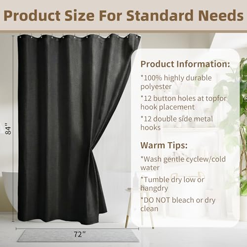 Siiluminisoy Shower Curtain and Liner Set, Waffle Shower Curtain Set with 12 Stainless Steel Hooks, Waterproof Luxury Fabric Shower Curtains for Bathroom and Hotel, Black, 72" W x 84" H - color: Black, size: 72"W x 84"L (Pack of 1)