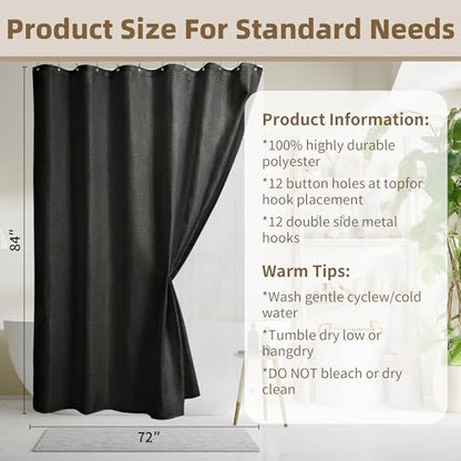 Siiluminisoy Shower Curtain and Liner Set, Waffle Shower Curtain Set with 12 Stainless Steel Hooks, Waterproof Luxury Fabric Shower Curtains for Bathroom and Hotel, Black, 72" W x 84" H - color: Black, size: 72"W x 84"L (Pack of 1)