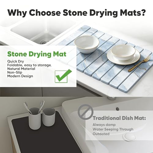Stone Drying Mat for Kitchen Counter, Quick Diatomaceous Earth Mats for Dishes, 24"L x 16" W Super Absorbent Fast-Drying Collapsible Countertop Stone Mat (Marble White-09, 24" x 16") - color: Marble White-09