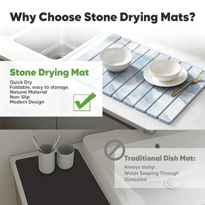 Stone Drying Mat for Kitchen Counter, Quick Diatomaceous Earth Mats for Dishes, 24"L x 16" W Super Absorbent Fast-Drying Collapsible Countertop Stone Mat (Marble White-09, 24" x 16") - color: Marble White-09
