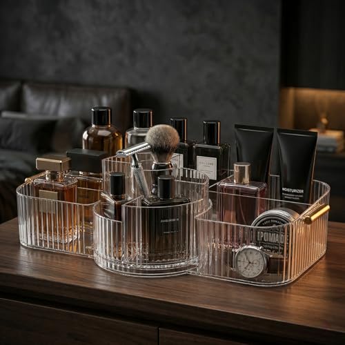 Rotating Makeup Organizer Countertop for Vanity, Cologne Organizer for Men, 360° Spinning Cosmetic Display Case with Brush Holder, Premium Handles, Acrylic Skincare Storage for Bathroom Countertop