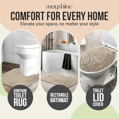 Standard 3pc Set Chenille Bath Mats, Includes 21"x24" U-Shaped Contour Toilet Rug, 21"x34" Inches Bathmat and 1 Toilet Lid Cover, Plush Absorbent Bath Mats Quick Dry, Beige - color: Beige, size: 24"x21", 34"x21" and TLC (Set)
