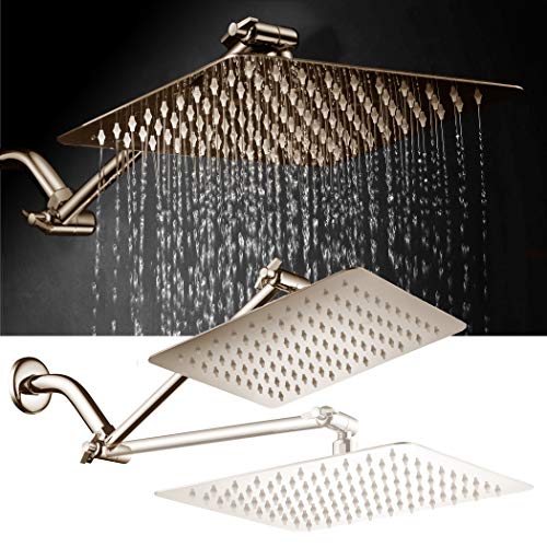 HotelSpa Giant 10" Stainless Steel Rainfall Square Showerhead with 11 inch Solid Brass Adjustable Extension Arm – Brushed Nickel Finish - color: Brushed Nickel