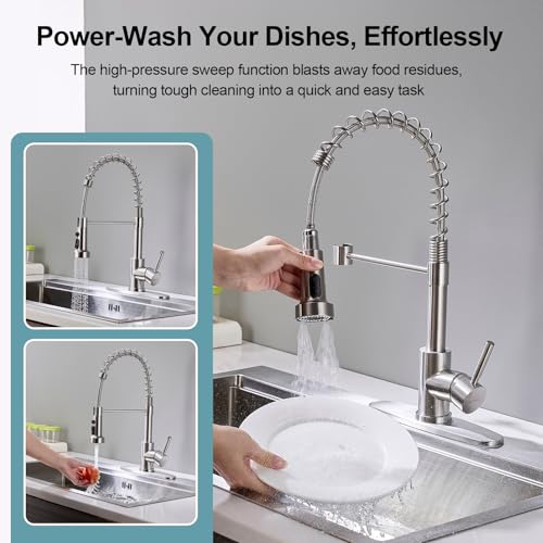 Kitchen Faucets with Pull Down Sprayer, Brushed Nickel Stainless Steel Single Handle Pull Out Spring Sink Faucet, 3 Function Sprayer 1 or 3 Hole Deck Plate for Farmhouse Laundry Rv Bar - color: Brushed Nickel, style: Classic
