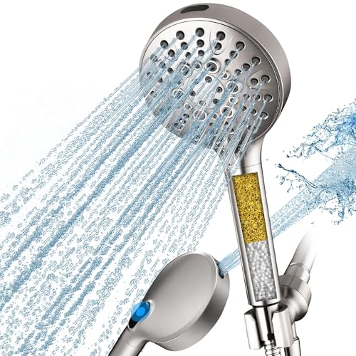 BRIGHT SHOWERS Filtered Shower Head with Handheld, High Pressure 9 Spray Mode Showerhead with Long Hose and Bracket, Water Softener Filters Beads for Hard Water - Removes Chlorine, Brushed Nickel - color: Brushed Nickel, style: 1.8 GPM | Filter | 9 Modes