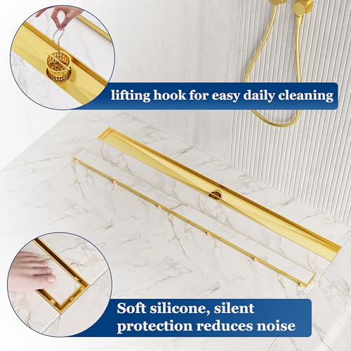 Neodrain 48-Inch Linear Shower Drain-Gold,with Tile Insert Grate | 304 Stainless Steel, Fast Drainage, Rectangle Shower Floor Drain with Leveling Feet & Hair Strainer, Fits Bathroom, Balcony - color: Gold, size: 48 IN
