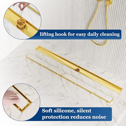 Neodrain 48-Inch Linear Shower Drain-Gold,with Tile Insert Grate | 304 Stainless Steel, Fast Drainage, Rectangle Shower Floor Drain with Leveling Feet & Hair Strainer, Fits Bathroom, Balcony - color: Gold, size: 48 IN