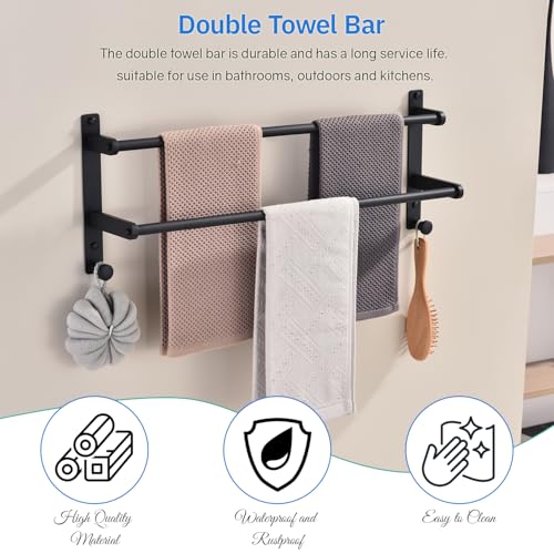Matte Black Double Towel Rack with Hooks for Bathroom, 24 Inch Stainless Steel Wall Mounted Towel Bar Holder - color: Matte Black, size: 24-Inch