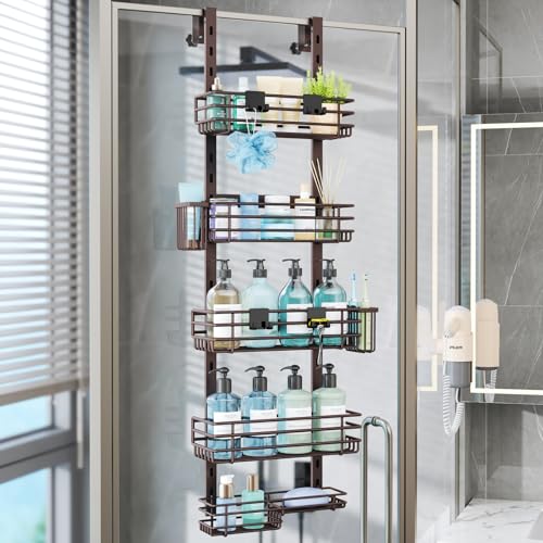 Consumest Over The Door Shower Caddy - 5 Tier Adjustable Shower Organizer Hanging with 2 Toothbrush Holders & 4 Hooks, Rustproof Organizer Shelf, Storage Rack for Bathroom, Bronze - color: Bronze, size: 5-Tier