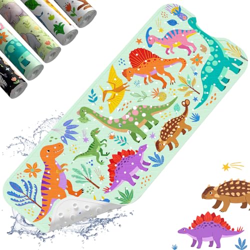 Baby Bath Mat for Tub Non Slip Kids, BPA Free Extra Long Bathtub Mat 40x16 with Drain Holes and 200 Suction Cups, Non Toxic Machine Washable Toddler Bath Mat, Eco-Friendly Certified - color: L-dense Dinosaurs-2