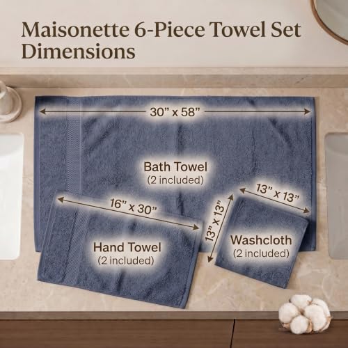 Maisonette Elegance 100% Organic Cotton Turkish Bathroom Towels Set, Ideal Quick Dry Luxury Washcloths, Hand & Large Luxury Bath Towels for Shower (6 Pack), Dark Blue (Mineral) - color: Mineral, style: Bath Towel Set - 6 Piece