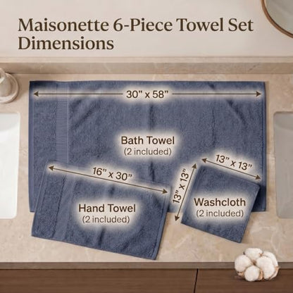Maisonette Elegance 100% Organic Cotton Turkish Bathroom Towels Set, Ideal Quick Dry Luxury Washcloths, Hand & Large Luxury Bath Towels for Shower (6 Pack), Dark Blue (Mineral) - color: Mineral, style: Bath Towel Set - 6 Piece