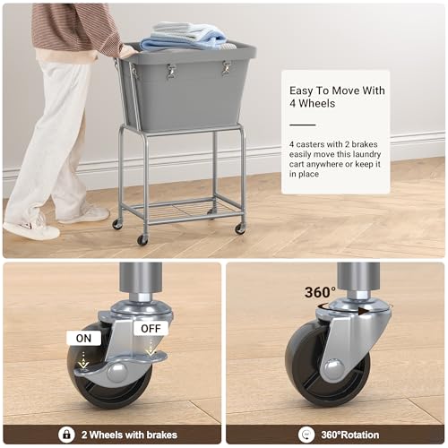 ELYKEN Rolling Laundry Hamper with Wheels, Removable Bag, Laundry Cart | Heavy Duty Metal Frame, 2-Tier Clothes Basket with Shelf, Ideal for Closet, Bedroom, Bathroom & Laundry Room - color: Gray, size: 20.3"L x 15.9"W x 30.9"H