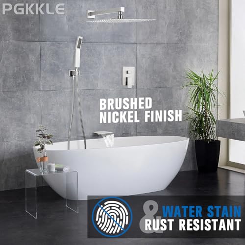 12 Inch Rainfall Shower System with Tub Spout Wall Mounted Complete Combo with Solid Brass Pressure Balancing Valve, High Pressure Shower Head, Handle Set & Installation Accessories - color: Brushed Nickel