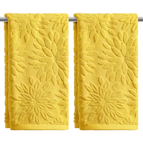 Artoid Mode 2 Pcs Yellow 3D Dahlia Floral Jacquard Hand Towels for Bathroom, 100% Cotton Soft Absorbent Bathroom Decor Towels, 13.7 x 29.5 Inch - color: Yellow, size: 13.7" x 29.5", 2PCS